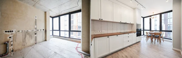 stock image Comparison of old room before restoration and new renovated kitchen with large panoramic window, parquet floor and kitchen furniture. Photo collage of modern apartment before and after renovation.