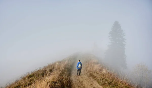 Man hiker strolling down hiking path on grassy hill with misty trees and sky in fog on background