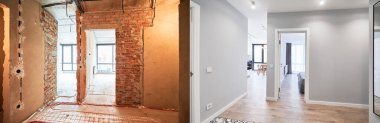 Restorasyondan önce eski dairenin ve modern iç tasarımı ile yenilenmiş yeni dairenin karşılaştırılması. Tadilattan önce ve sonra..
