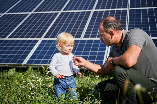 Молодий Батько Показує Свою Маленьку Дитину Білою Квіткою Тлі Сонячних — стокове фото