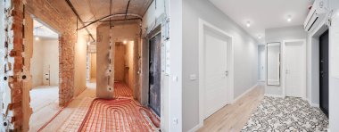 Comparison of old flat with underfloor heating pipes and new renovated apartment with modern interior design. Hallway with heated floor before and after renovation.