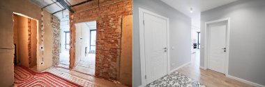 Restorasyondan önce eski dairenin ve modern iç tasarımı ile yenilenmiş yeni dairenin karşılaştırılması. Tadilattan önce ve sonra ısıtma boruları olan bir daire..