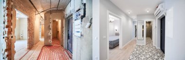 Yeraltı ısıtma boruları olan eski apartman dairesi ve kapıları ve beyaz duvarları olan yenilenmiş yeni bir daire. Restorasyondan önce ve sonra dairenin fotoğraf kolajı. Ev yenileme konsepti.