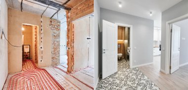 Yeraltı ısıtma boruları olan eski daireyle modern iç tasarımı olan yenilenmiş yeni dairenin karşılaştırması. Banyo, ısıtmalı zemin ve yenilemeden önce ve sonra yatak odası olan koridor..