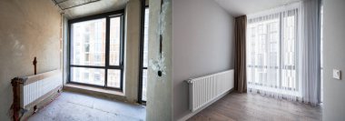 Tadilattan önce ve sonra apartman dairesi karşılaştırması. Büyük pencereli eski oda kolajı ve ısıtıcı, parke zemin ve beyaz duvarlı yenilenmiş oda..
