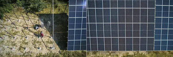 Collage Photos Installation Ready Solar Panels Field Sunny Day Concept — Stock Photo, Image