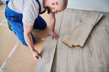 Erkek inşaat işçisi yeni daireye lamine kereste döşemesi kuruyor. İş yerindeki adam oturma odasındaki zemine ahşap kaplama döşeme yapıyor. Ev yenileme konsepti.