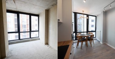 Restorasyondan önce ve sonra geniş pencereli boş bir oda. Eski dairenin ve yeni dairenin modern iç mekan parke zemin, masa, sandalyeler ve beyaz duvarlarla karşılaştırılması. Ev yenileme kavramı.