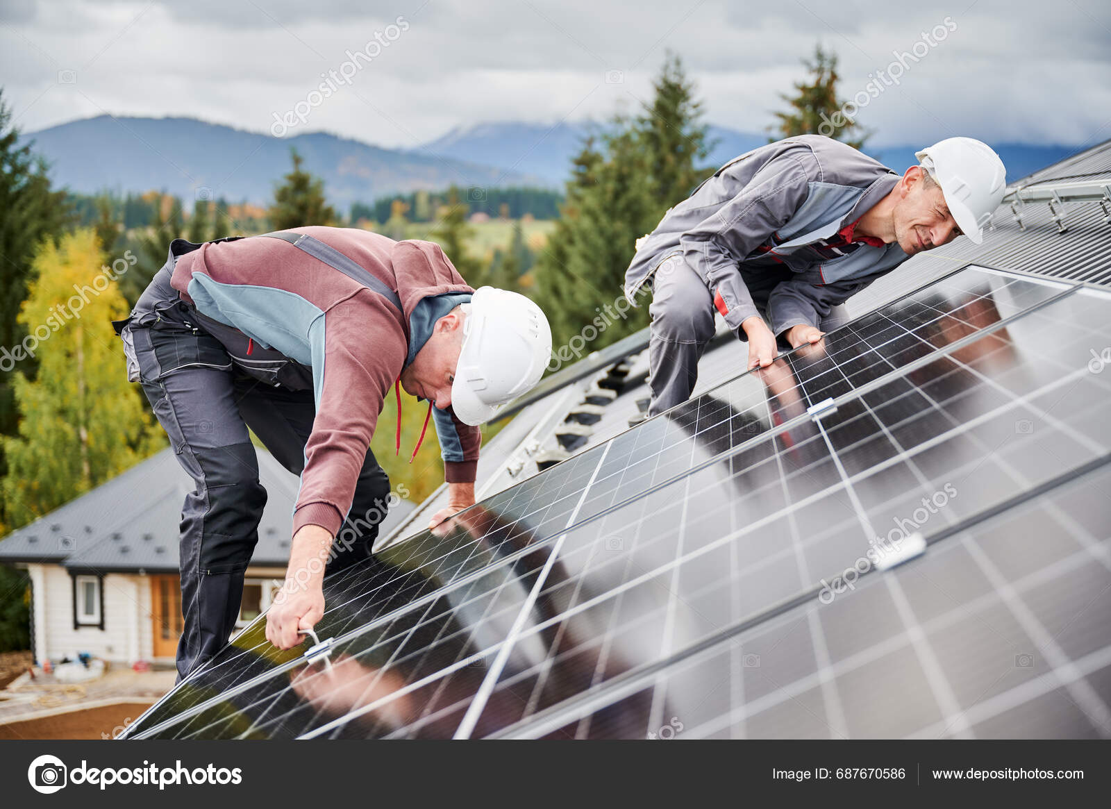 Professional Technicians Adjusting Solar Photovoltaic Cells Installation Solar Panel Two Stock