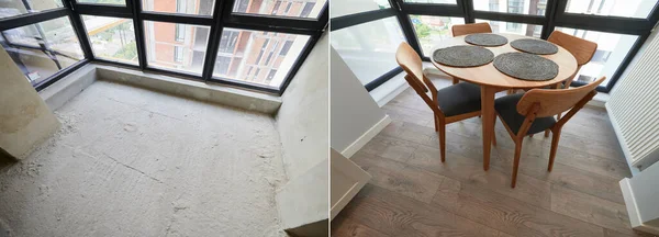 Comparison of old empty room and new renovated place with kitchen table, chairs, parquet floor and plastic window. Photo collage of modern apartment before and after renovation.