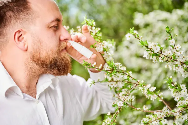 stock image Man allergic using medical nasal drops, suffering from seasonal allergy at spring in blossoming garden. Handsome man treating runny nose in front of blooming tree outdoors. Spring allergy concept.