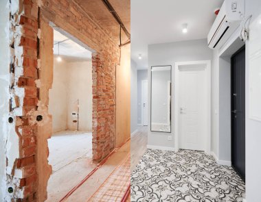 Comparison of old flat with underfloor heating pipes and new renovated apartment with modern interior design. Hallway with heated floor before and after renovation.