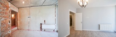 Restorasyon öncesi ve sonrasında apartman odasının fotoğraf kolajı. Kapı aralığı olan eski oda ve parke döşemeli ve zarif iç tasarımı olan yenilenmiş oturma odası..