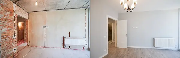 在修复或翻新之前和之后 对公寓房间进行照片拼贴 有门廊的旧房间和有木地板和雅致室内设计的新翻新的客厅 图库照片