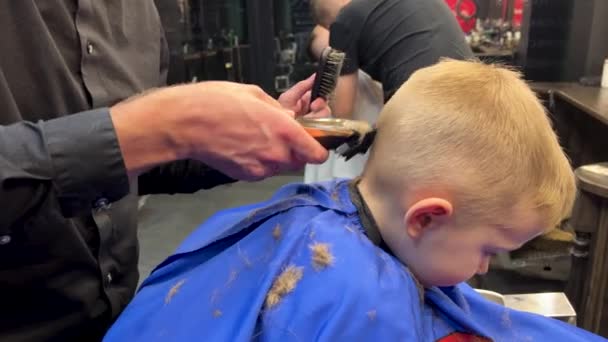 男の子の髪を切るために電気シェーバーを使用する美容師 小さな子供が 床屋で初めて髪を切った クローズアップ — ストック動画