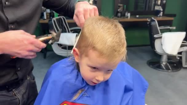 Fodrász Elektromos Borotvával Vágja Fiú Haját Kisgyerek Először Vágja Haját — Stock videók