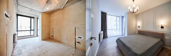 Comparison of bedroom with large panoramic window before and after renovation. Photo collage of old apartment before restoration and new renovated flat with bed and elegant interior design.