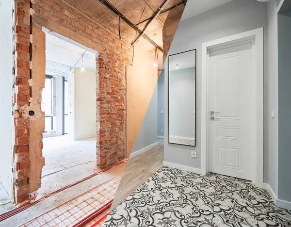Comparison of old apartment with new renovated flat with doors and white walls. Photo collage of apartment before and after restoration. Home renovation concept.