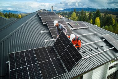 Çatıda fotovoltaik güneş modülü istasyonu inşa eden çatıcılar. Miğferli elektrikçiler güneş paneli sistemi kuruyor. Alternatif ve yenilenebilir enerji kavramı. Hava görünümü.