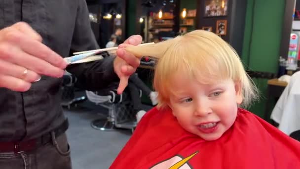 小さな男の子の髪をカットする男は 櫛やハサミを使用しています 成人男性から髪を切る子供 おそらく床屋 現代の床屋の専門の美容師そしてかわいい顧客 — ストック動画