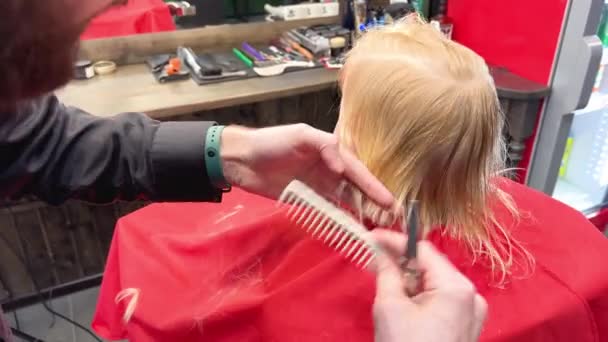 小さな男の子の髪をカットする男は 櫛やハサミを使用しています 成人男性から髪を切る子供 おそらく床屋 現代の床屋の専門の美容師そしてかわいい顧客 — ストック動画