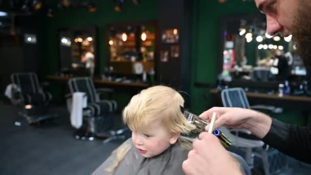 Fryzjer Używa Grzebienia Golarki Strzyżenia Włosów Profesjonalny Fryzjer Golenie Małe — Wideo stockowe