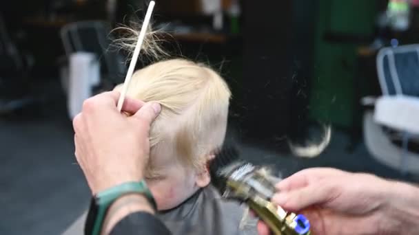 Peluquero Usando Peine Afeitadora Para Cortar Cabello Peluquería Profesional Afeitar — Vídeo de stock