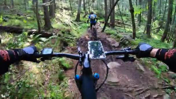 Punto Vista Par Ciclistas Montando Bicicletas Eléctricas Montaña Bosque Smartphone — Vídeo de stock