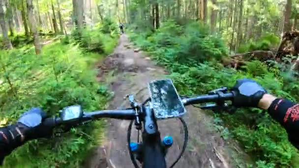 視点から 森の中の電動マウンテンバイクに乗るサイクリストのカップル 自転車ハンドルバーのスマートフォン アドベンチャーのコンセプト アウトドアでのレジャー — ストック動画