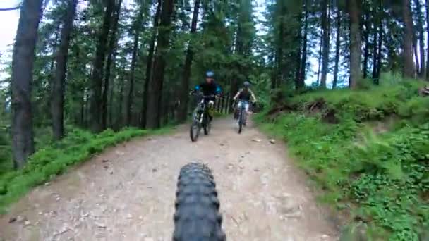 Ciclistas Montando Bicicletas Eléctricas Montaña Bosque Concepto Aventura Tiempo Libre — Vídeos de Stock