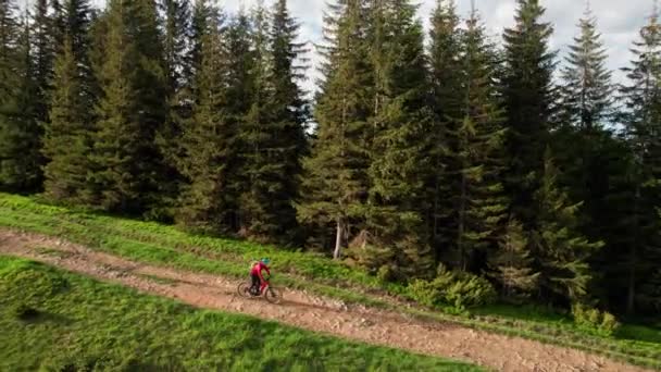 Cyclist Man Riding Electric Mountain Bike Outdoors Aerial View Male — Stock Video