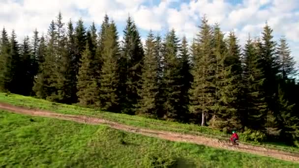 Велосипедист Їде Електричному Гірському Велосипеді Відкритому Повітрі Вид Повітря Чоловічого — стокове відео