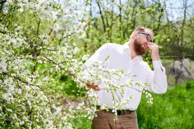 Baharda baharda çiçek açan bahçede mevsimsel alerji yüzünden acı çeken bir adam. Genç sakallı adam hapşırıyor, çiçek açan ağacın önünde el pençe divan duruyor. Bahar alerjisi konsepti