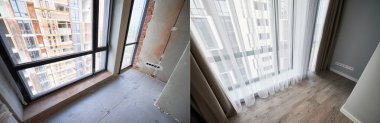 Tadilattan önce ve sonra apartman dairesi karşılaştırması. Geniş pencereli eski oda kolajı ve parke zemin ve beyaz duvarlı yenilenmiş yeni oda..