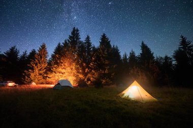 Çimenli, berrak, yıldızlı gökyüzünün altında parlayan kamp ateşiyle aydınlatılmış birkaç çadır. Dağlarda yüksek çam ağaçlarıyla çevrili. Doğada kamp yaparak geçirilen gecenin huzurlu güzelliği..