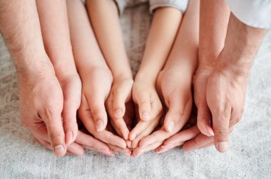 Ebeveynlerin ve çocukların boş elleri bir arada tutuşu. Destekleyici aile beyaz halının arka planında el ele tutuşuyor. Aile veya grup içinde takım çalışması, birlik, destek kavramları.