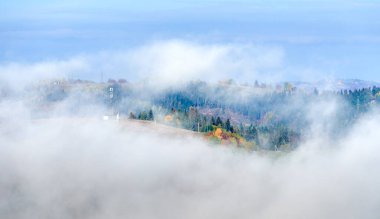 Zengin yeşilliklerden alev kırmızılarına ve altın sarılarına kadar uzanan canlı sonbahar yapraklarıyla süslenmiş tepe manzarası. Sis zerreleri parlak mavi gökyüzünün altında sürükleniyor..