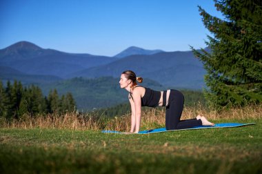 Dağlarda yoga yapan bir kadın, sakin, doğal bir ortamda. Kadın yoga pozu veriyor paspasın üzerinde, gün doğumunda ya da günbatımında güzel dağ manzarasının arka planıyla.