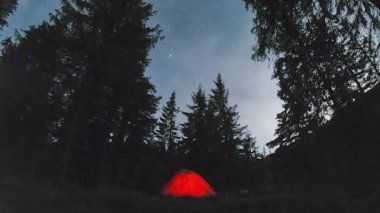 Çimenli tepenin zaman turları aydınlatılmış kamp çadırı ve gece gökyüzünün altında yıldızlı kozalaklı ağaçlar. Güzel bir gece manzarası. Dağ ormanlarındaki turist çadırının üzerinde yıldızlı bir gökyüzü. Gece kamp konsepti.