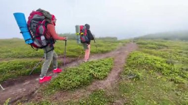 İki yürüyüşçü sisli dağ yolunda yürür. Her biri büyük bir sırt çantası taşıyor ve destek için yürüyüş direkleri kullanıyor. Bereketli yeşillikler arasında rüzgarlar eser, sis dingin ve mistik bir ortam yaratır..