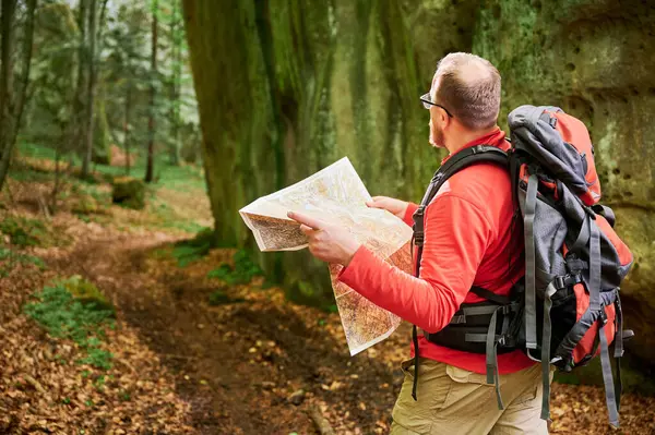 Sakallı turist, sık ormandaki büyük kayaların önünde dururken haritayı inceliyor. Gri sırt çantası ve gözlüklü gezgin, açık hava macerası, yürüyüş ya da tırmanma rotası planlıyor..