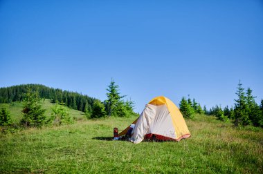 Çimenli yamaçta kamp malzemeleri olan parlak sarı çadır, mavi karınlı dağların nefes kesici manzarası. Açık mavi gökyüzünün altında genç çam ağaçları huzur verici, pitoresk bir kamp yeri oluşturuyor..