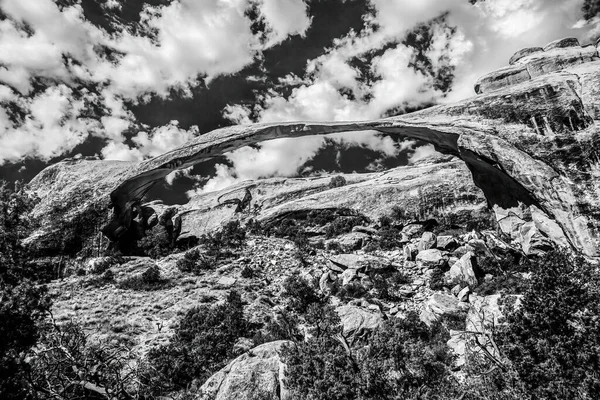 Black White Landscape Arch Rock Canyon Devils Garden Arches National — Stock fotografie