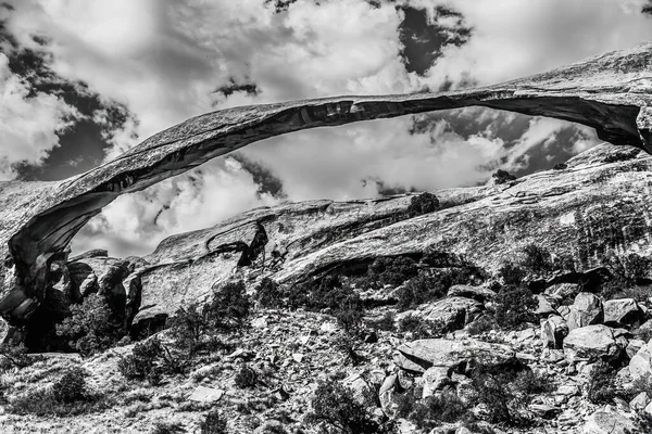 Black White Landscape Arch Rock Canyon Devils Garden Arches National — Stock fotografie