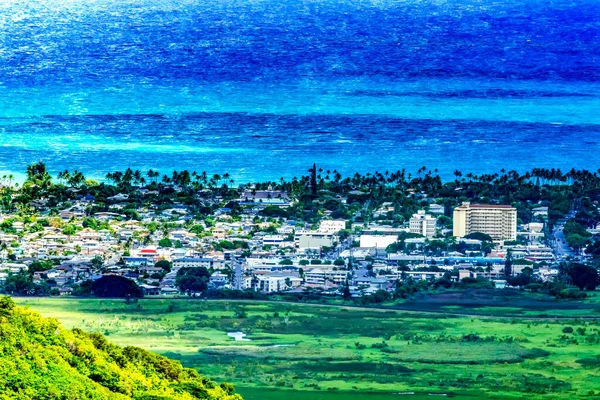 Renkli Kailua Şehri Nuuanu Pali Görünümü Yeşil Koolau Dağları Oahu — Stok fotoğraf