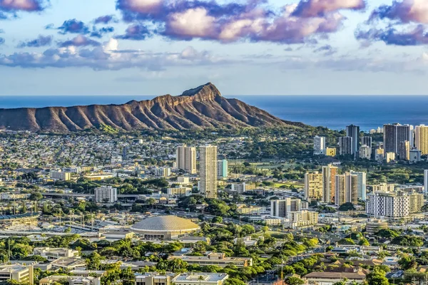 stock image Colorful Sunset Tantalus Outlook Diamond Head Waikiki Beach Hotels Honolulu Hawaii