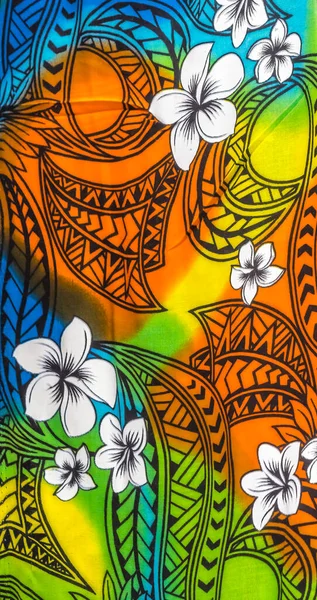 Colorful Hawaiian Orange Yellow Green White Flowers Polynesian Floral Textile — Stock Photo, Image