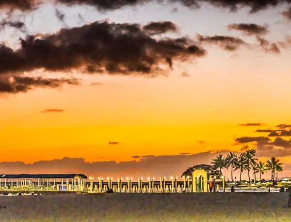 Kleurrijke Zonsondergang Avond Pier Zeilboten Waikiki Beach Hotels Honolulu Oahu — Stockfoto