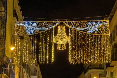 Colorful Illuminated Christimas Holiday Decorations Street Buildings Facades Cityscape Nice Cote d'Azur France