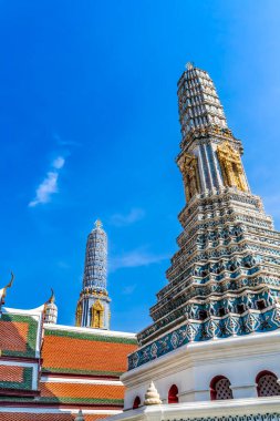 Blue Porcelain Towers Prangs Grand Palace Bangkok Thailand Three of eight towers for different Buddhist sects Palace was home of KIng of Thailand from1782 to 1925
